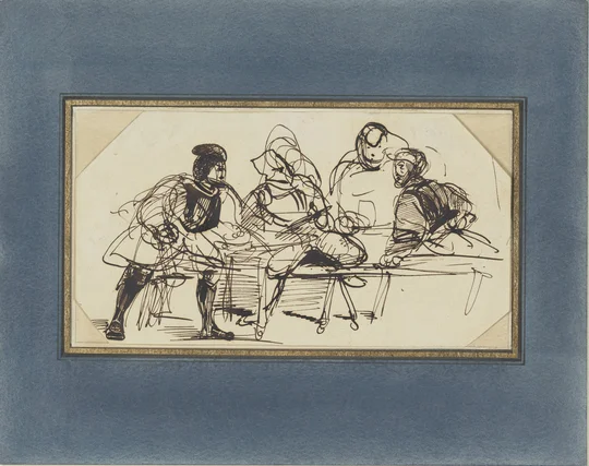 Eine Tuschezeichnung mit dynamischen Linien stellt grob skizziert vier an einem Tisch sitzende, mittelalterlich gekleidete Personen dar.