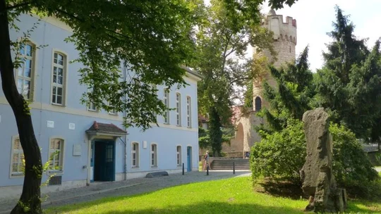 Ein blau verputztes historisches Gebäude umgeben von grünem Baum und Wiese. Im Hintergrund ist ein historischer Stadtturm zu sehen.  